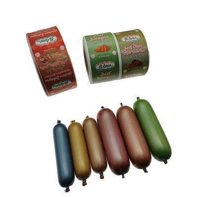 Boyaux de saucisse en plastique imprimé OEM de qualité alimentaire, colorés pour saucisses